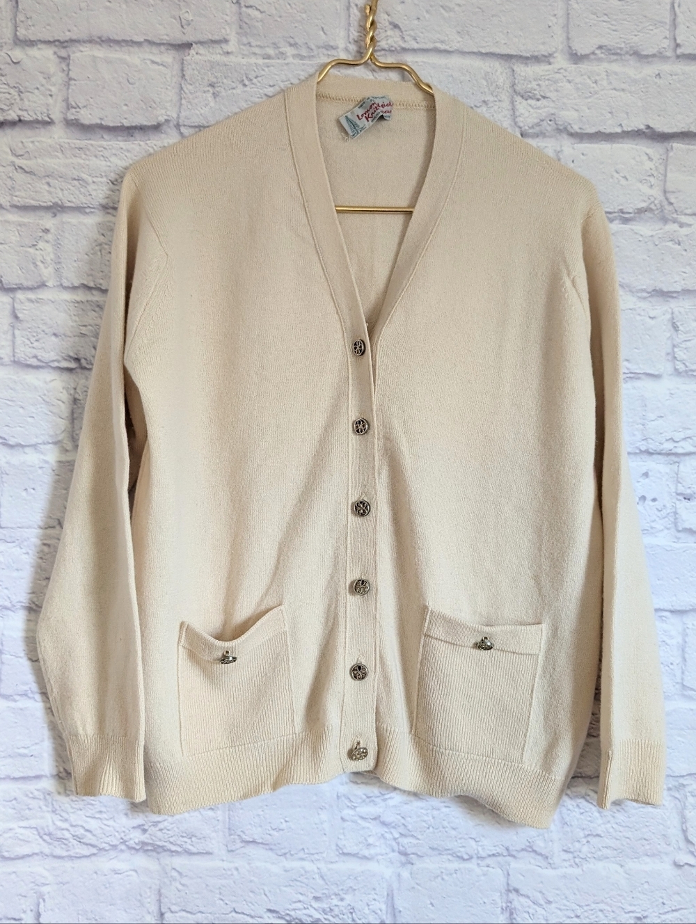 Vintage Lomondside Scotland Cashmere Cardigan Sweater M Cream Pockets 60s